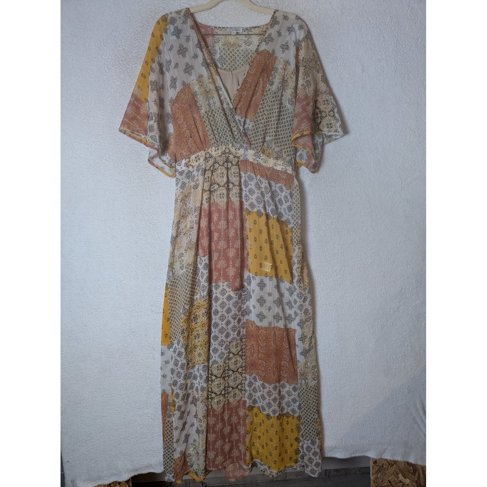 Love Fire Maxi Dress Women's Size M Multicolor Patchwork Flutter Sleeve